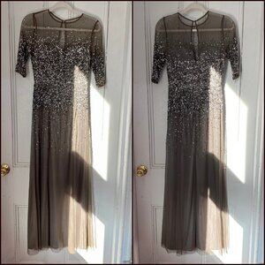 Adrianna Papell 091863330 3/4 Sleeve Beaded Illusion Gown Sweetheart Lead Size 4